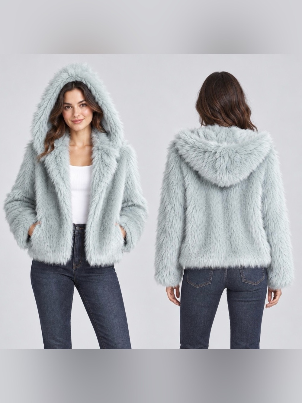 wild fable Plush Hooded Faux-Fur Jacket in Pale Blue